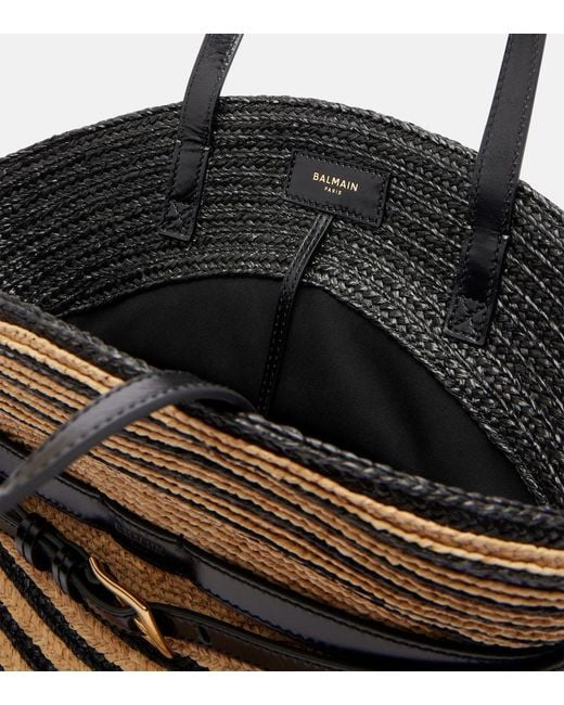 Balmain Black Raffia-Effect Striped Shoulder Bag