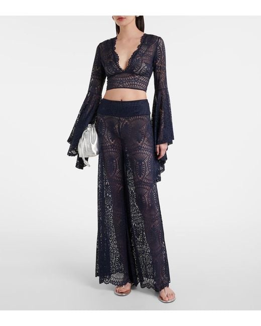 Alexandra Miro Blue Paloma Lace Wide-Leg Pants