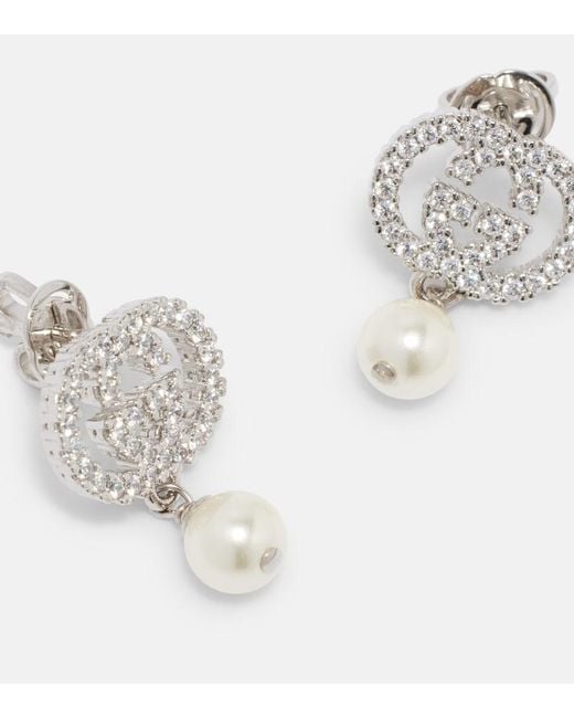 Gucci White Interlocking G Embellished Drop Earrings