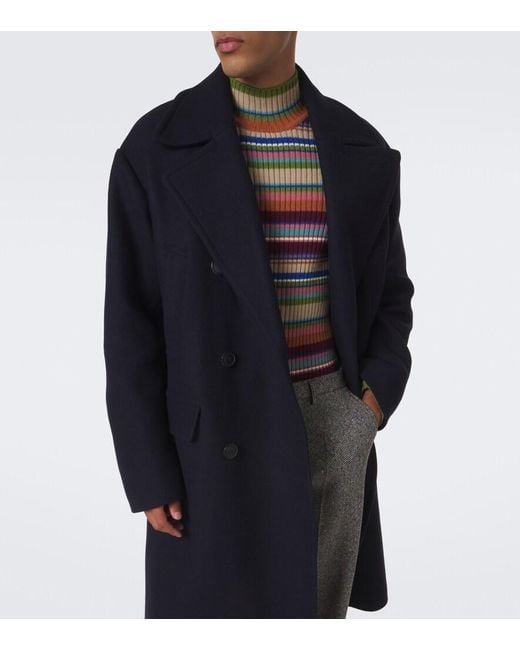 Dries Van Noten Blue Double-Breasted Wool-Blend Coat for men