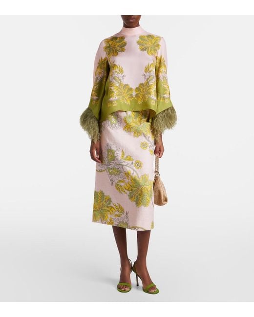 LaDoubleJ Yellow Make An Exit Feather-Trimmed Silk Twill Top