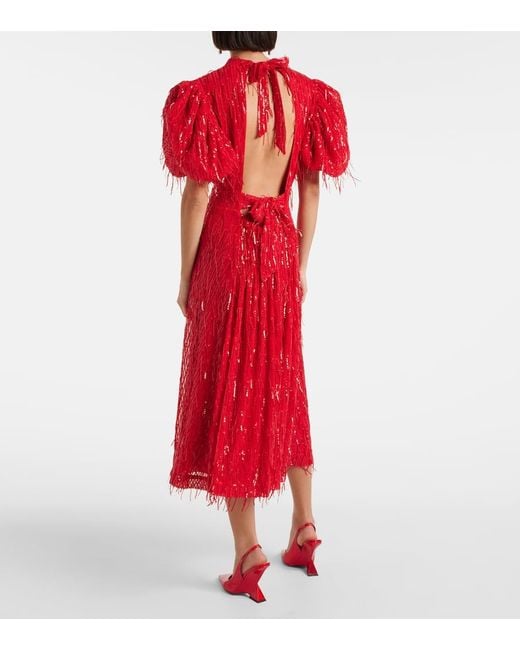 ROTATE BIRGER CHRISTENSEN Red Sequined Puff-Sleeve Midi Dress