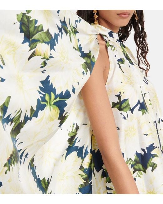 Oscar de la Renta Green Floral Cotton-Blend Blouse