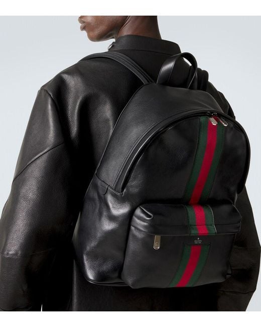 Gucci Black Web Stripe Leather Backpack for men