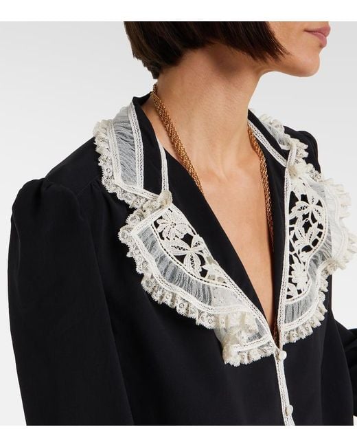 Chloé Black Lace-Trimmed Silk Crepe De Chine Blouse