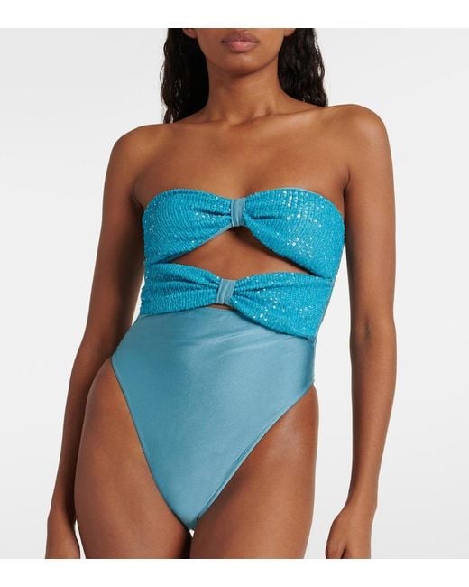 Adriana Degreas Blue Sequined Cutout Strapless Swimsuit