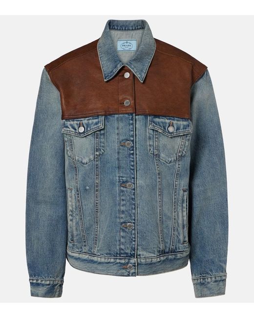 Prada Blue Leather-Trimmed Denim Jacket