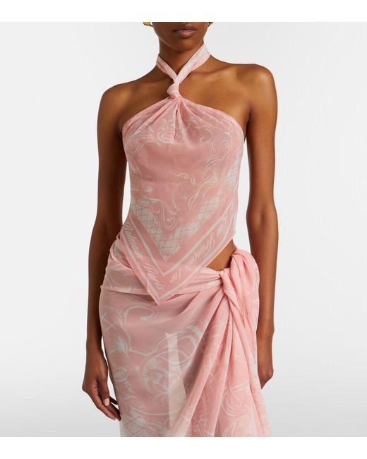 Balmain Pink Printed Halterneck Silk Top