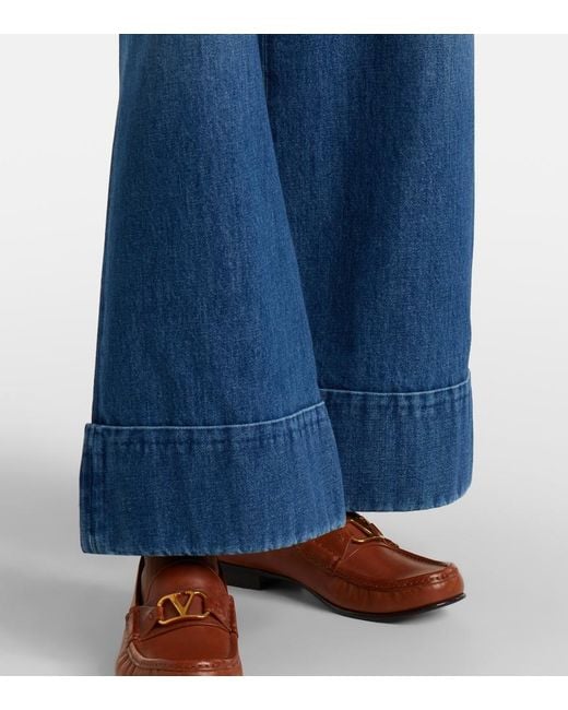 Valentino Blue Leather-Trimmed Wide-Leg Jeans