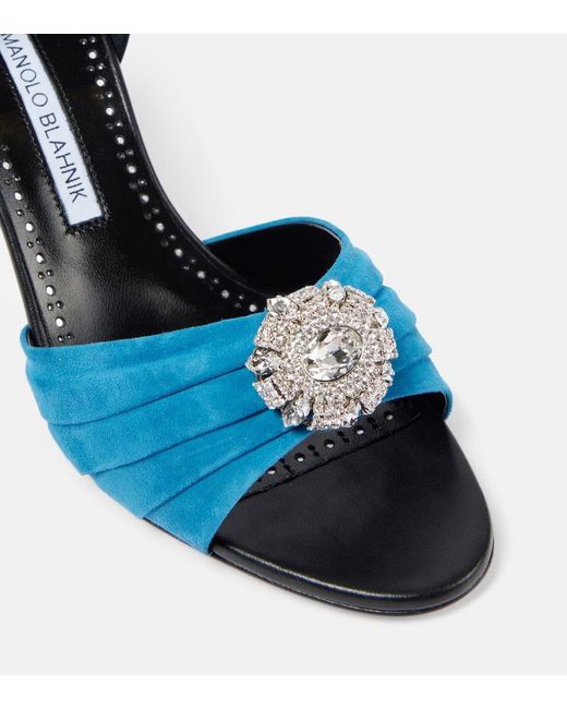 Manolo Blahnik Blue Ansak 90 Embellished Suede Mules