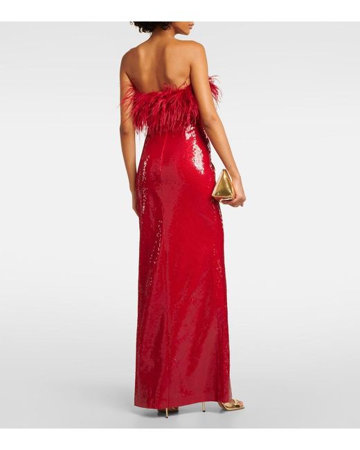 Rebecca Vallance Red Nika Sequined Feather-Trimmed Gown