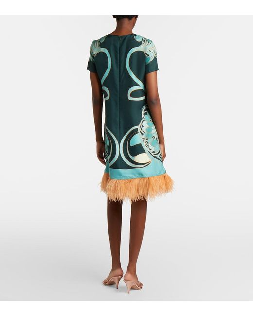 LaDoubleJ Green Swing Feather-Trimmed Floral Silk Twill Minidress