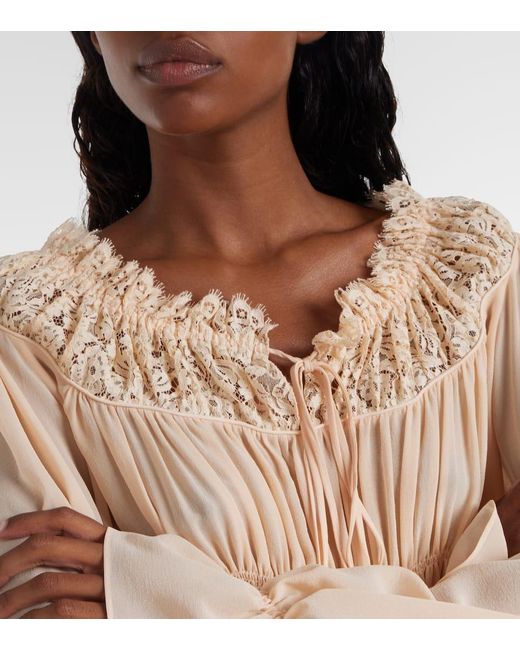 Chloé Natural Shirred Cropped Lace-Trimmed Silk Blouse