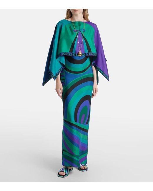Emilio Pucci Blue Layered Printed Silk-Twill Maxi Dress