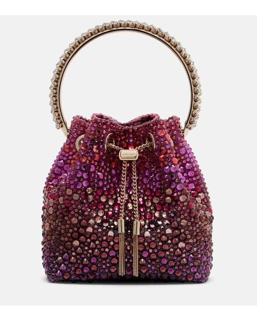 Jimmy Choo Red Bon Bon Embellished Satin Bucket Bag