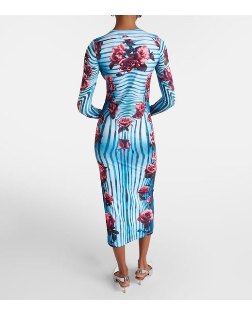 Jean Paul Gaultier Blue Flower-Print Slim-Fit Stretch-Woven Maxi Dress