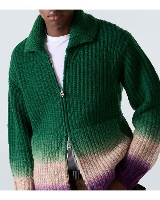 Sacai Green Ribbed-Knit Wool Zip-Up Cardigan for men