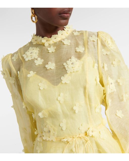 Zimmermann Yellow Floral-appliqué Crystal-embellished Linen And Silk-blend Mini Dres