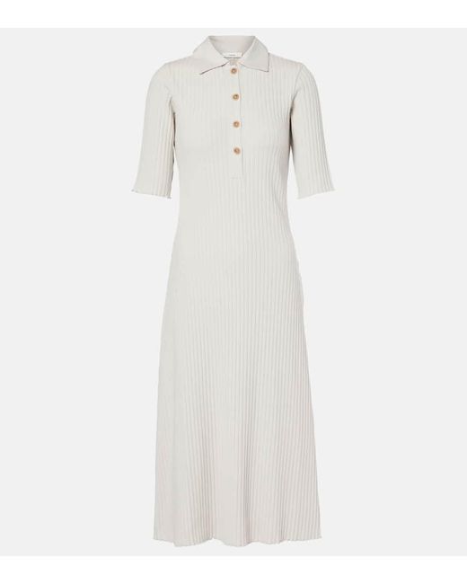 Vince White Ribbed-Knit Cotton-Blend Polo Dress