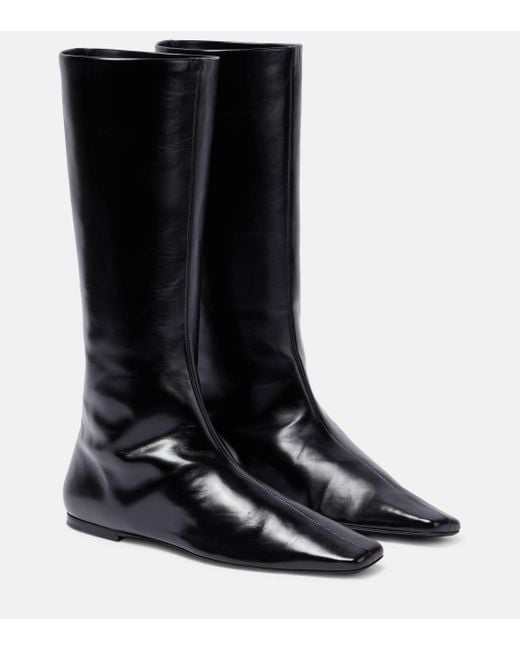 The Row Black Bette Square-toe Leather Knee-high Boots