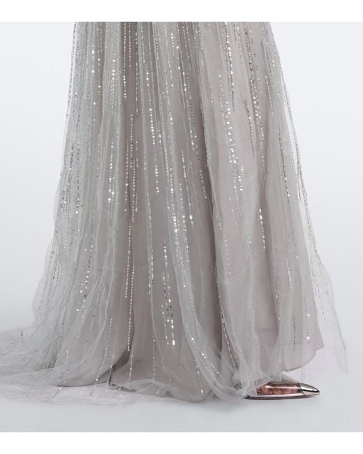 Monique Lhuillier Gray Bow-Detail Sequined Tulle Bustier Gown