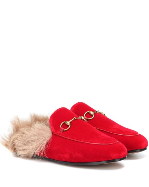 Gucci Red Princetown Fur-lined Velvet Slippers