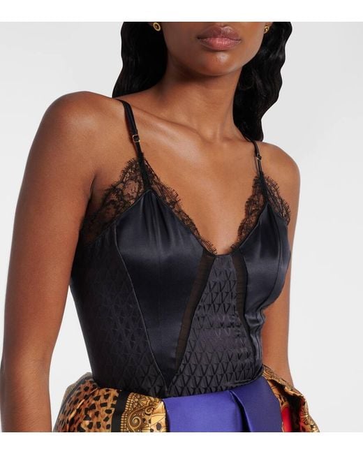 Versace Black Lace-Trimmed Silk-Blend Satin Bodysuit