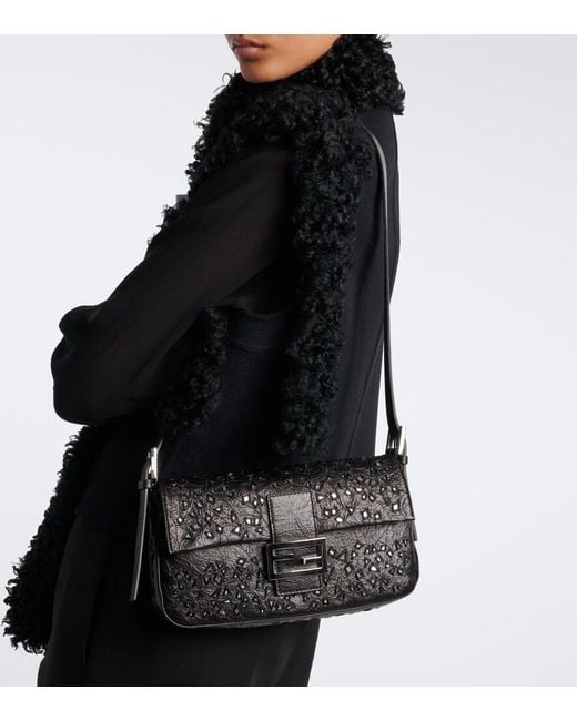 Fendi Black Baguette 26424 Small Embellished Leather Shoulder Bag