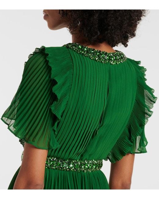 Self-Portrait Green Crystal-Embellished Ruffled Gown
