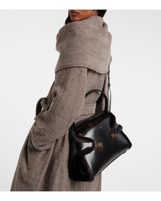 Ferragamo Black Hugh Medium Shearling-Trimmed Leather Shoulder Bag