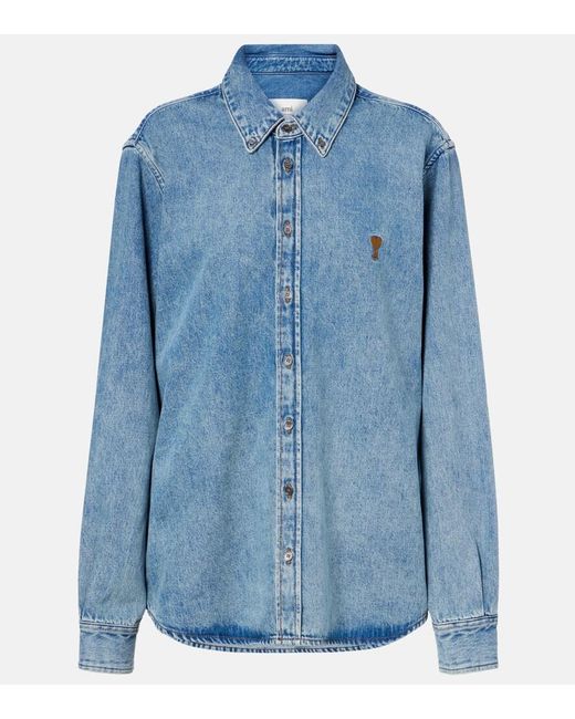 AMI Blue Embroidered Denim Shirt