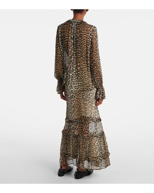 Ganni Brown Leopard-Print Tie-Neck Chiffon Blouse