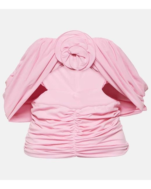 Magda Butrym Pink Floral-Applique Ruched Off-Shoulder Top