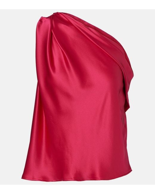 The Sei Red One-Shoulder Draped Silk Satin Top