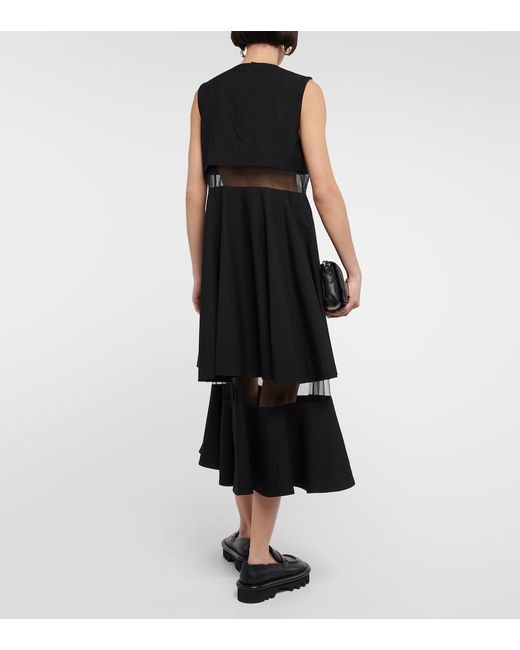 Noir Kei Ninomiya Black Mesh-Trimmed Wool Midi Dress