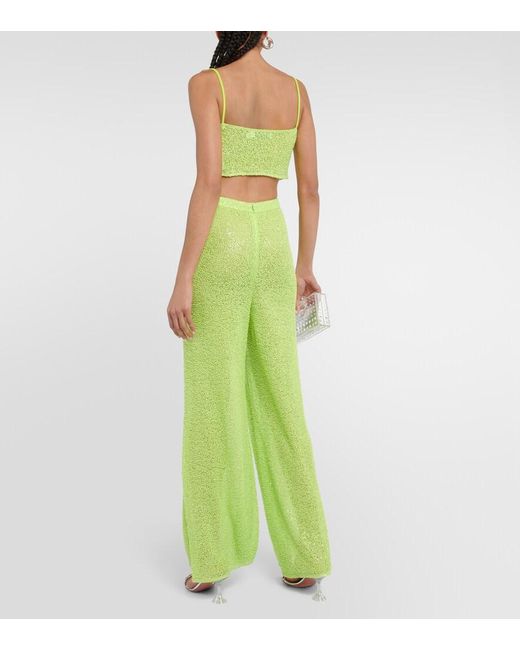 Self-Portrait Green Wide-Leg Sequined Pants