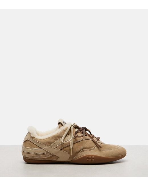 Miu Miu Brown Gymnasium Shearling-Lined Suede Sneakers