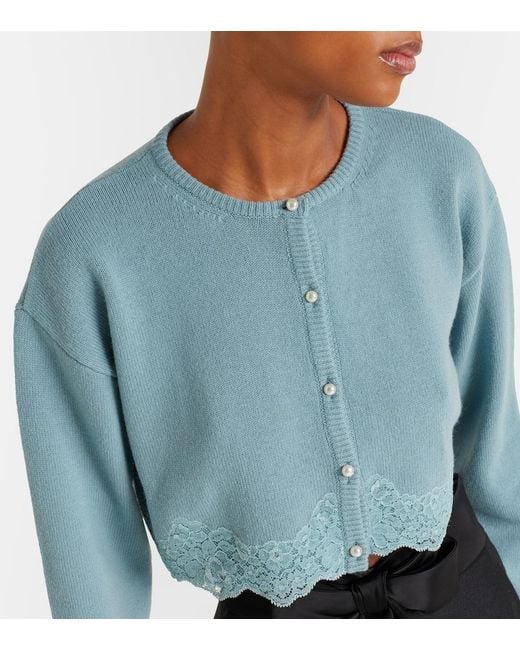 Valentino Blue Lace-Trimmed Cropped Virgin Wool Cardigan