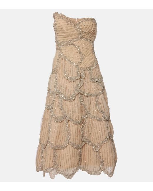 Costarellos Natural Sylvie Embellished Georgette Cocktail Dress