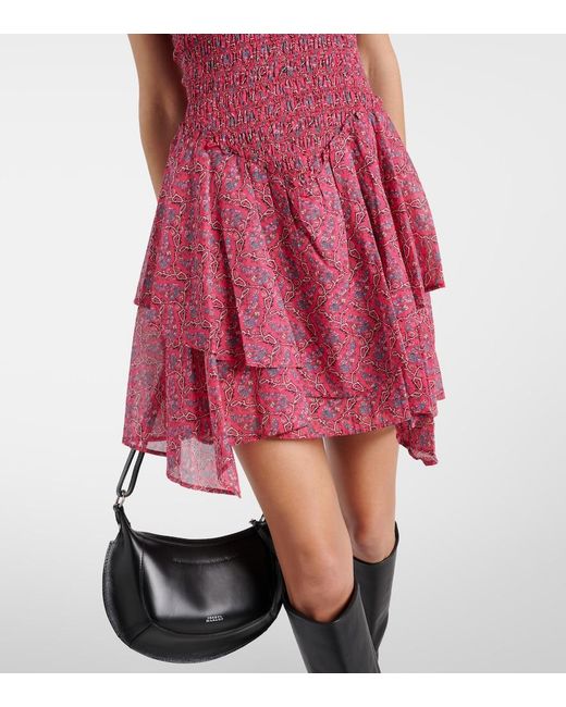 Isabel Marant Red Ankage Smocked Ruffled Cotton Minidress