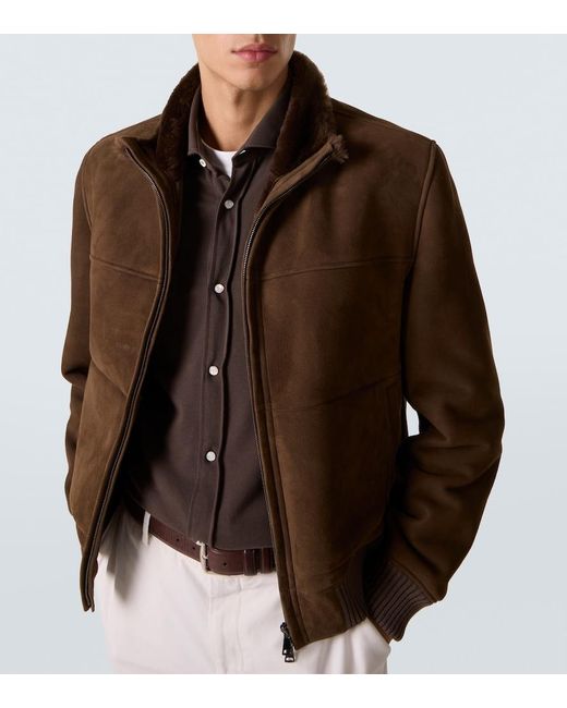 Thom Sweeney Brown Shearling-Lined Suede Bomber Jacket for men