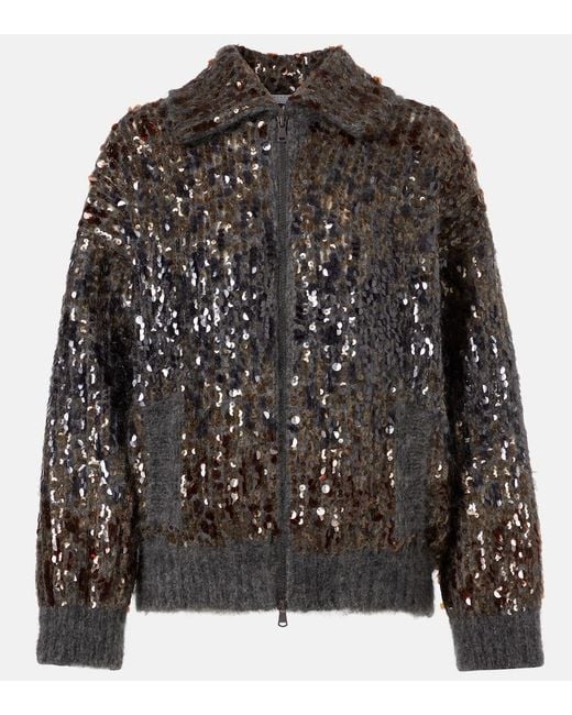 Brunello Cucinelli Black Sequined Mohair-Blend Zip-Up Sweater