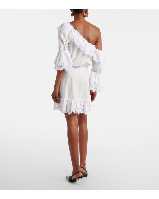 Saint Laurent White Embroidered Ruffled Cotton Poplin Minidress