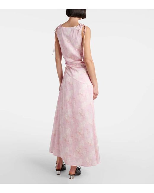 Vestido Midi De Saten Floral Fruncido Ganni de color Pink