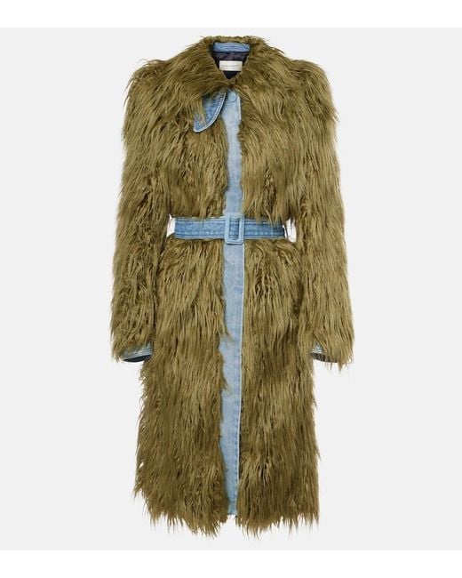 Dries Van Noten Green Rangel Faux Fur-Trimmed Denim Coat