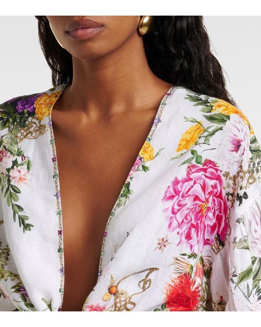 Camilla White Floral Tie-Front Linen Crop Top