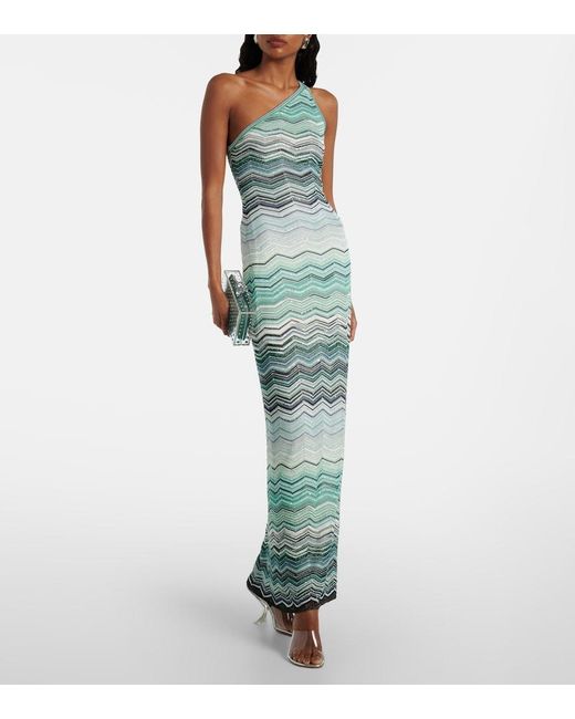 Missoni Blue Zigzag One-Shoulder Lame Maxi Dress