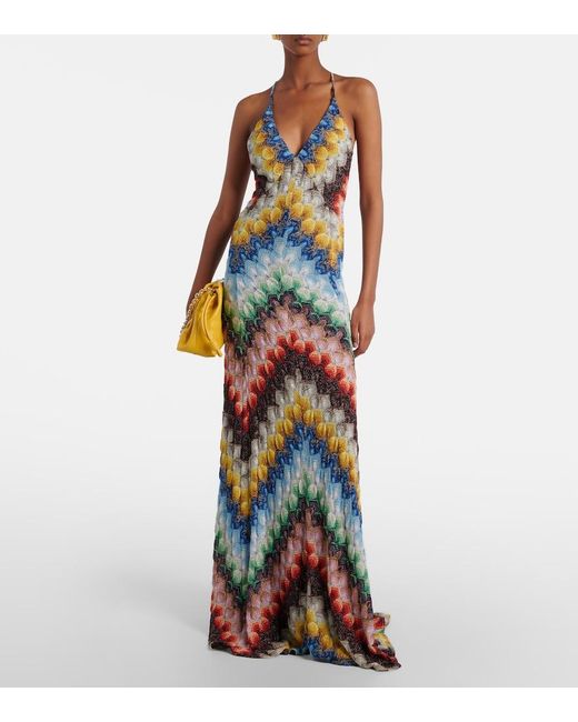 Missoni White Zigzag Open-Back Lame Gown