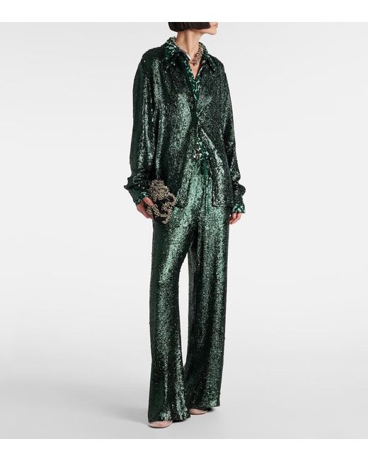 Dries Van Noten Green Sequined Straight Pants