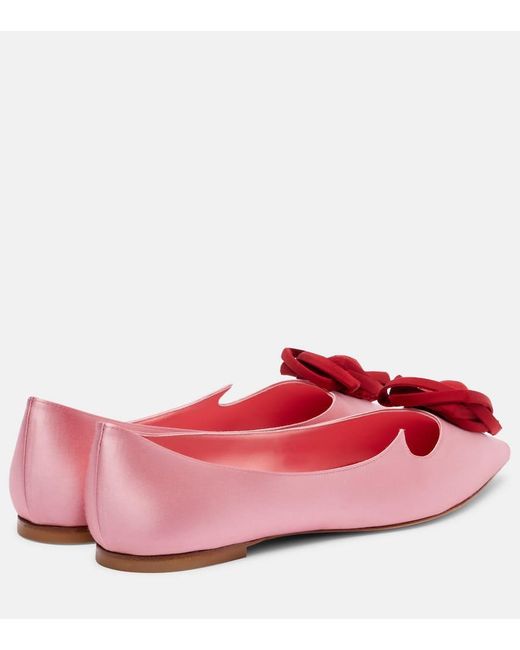 Roger Vivier Red I Love Viver Floral-Applique Satin Ballet Flats